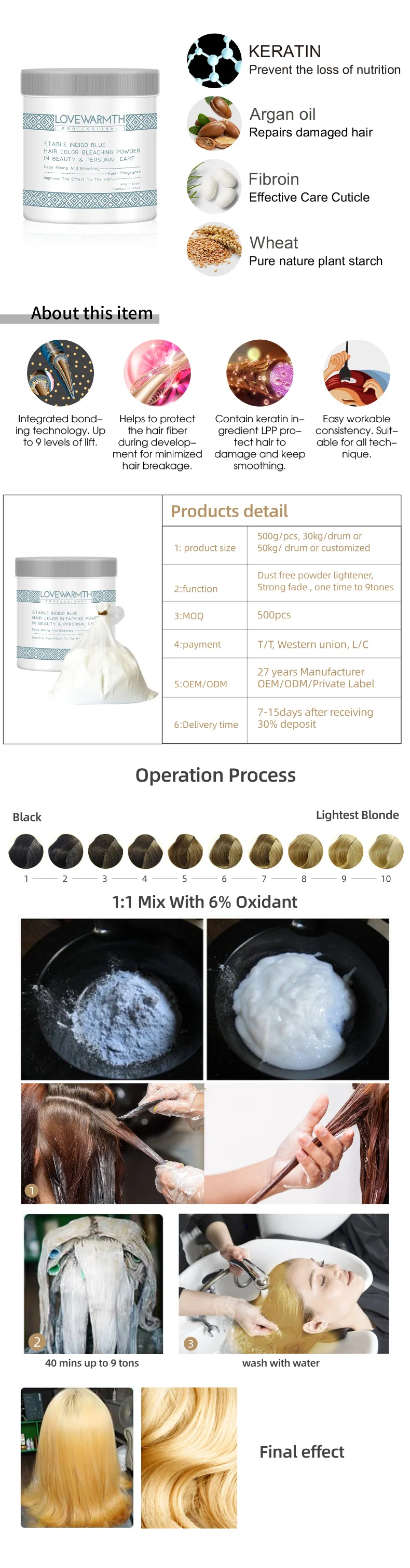 Dust Free No Ammonia Hair Color Bleaching Powder Lift Up To 9 Level