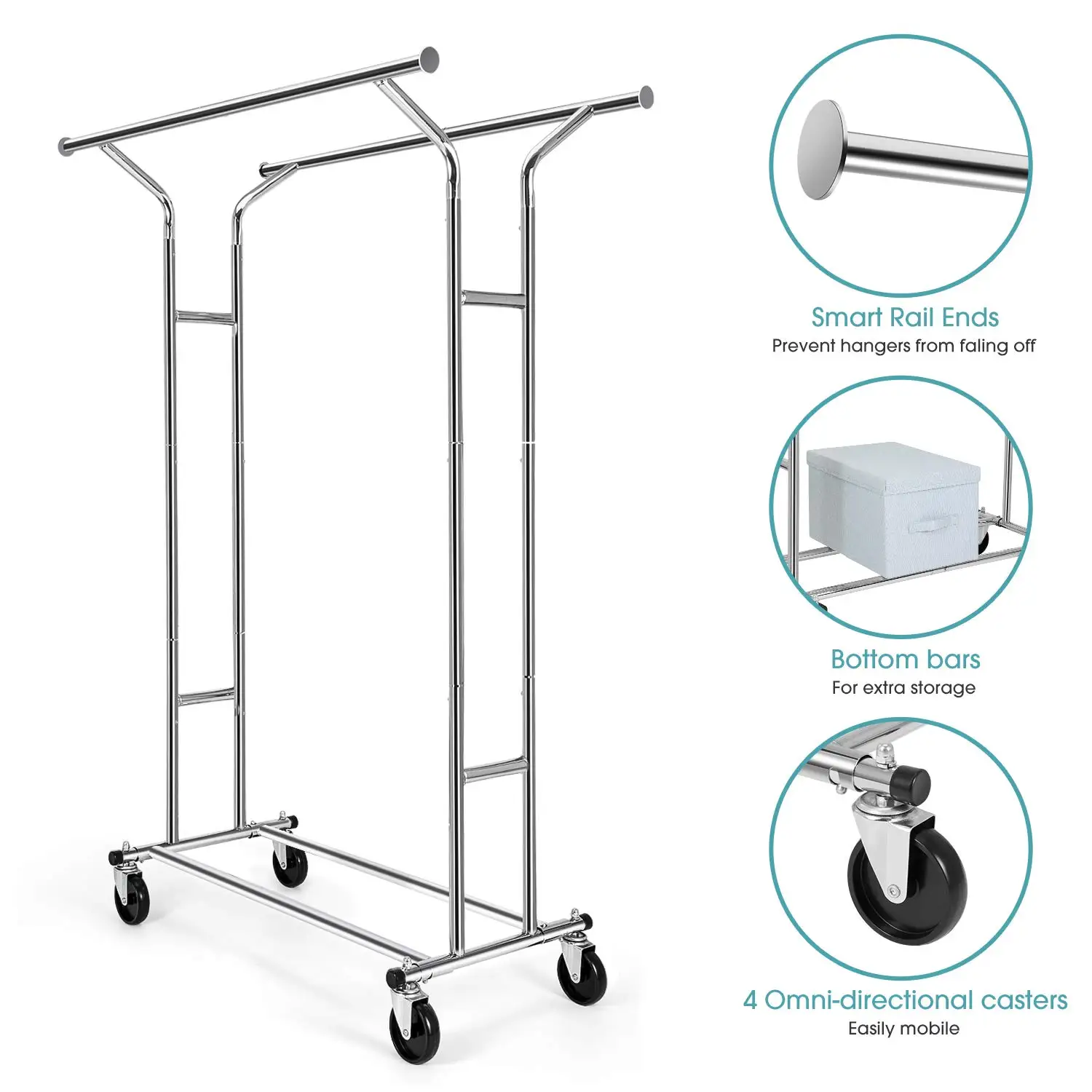 Heavy Duty Double Rod Adjustable Rolling Garment Rack Rolling Garment ...