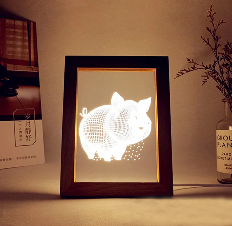 Little Pig Image 3D Visual Wooden Photo Frame Lamp Warm Light Night Light USB Atmosphere Night Light
