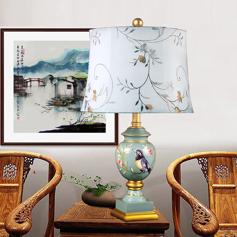 Modern Classic Columnar Printed Ceramic Table Lamp With Metal Base