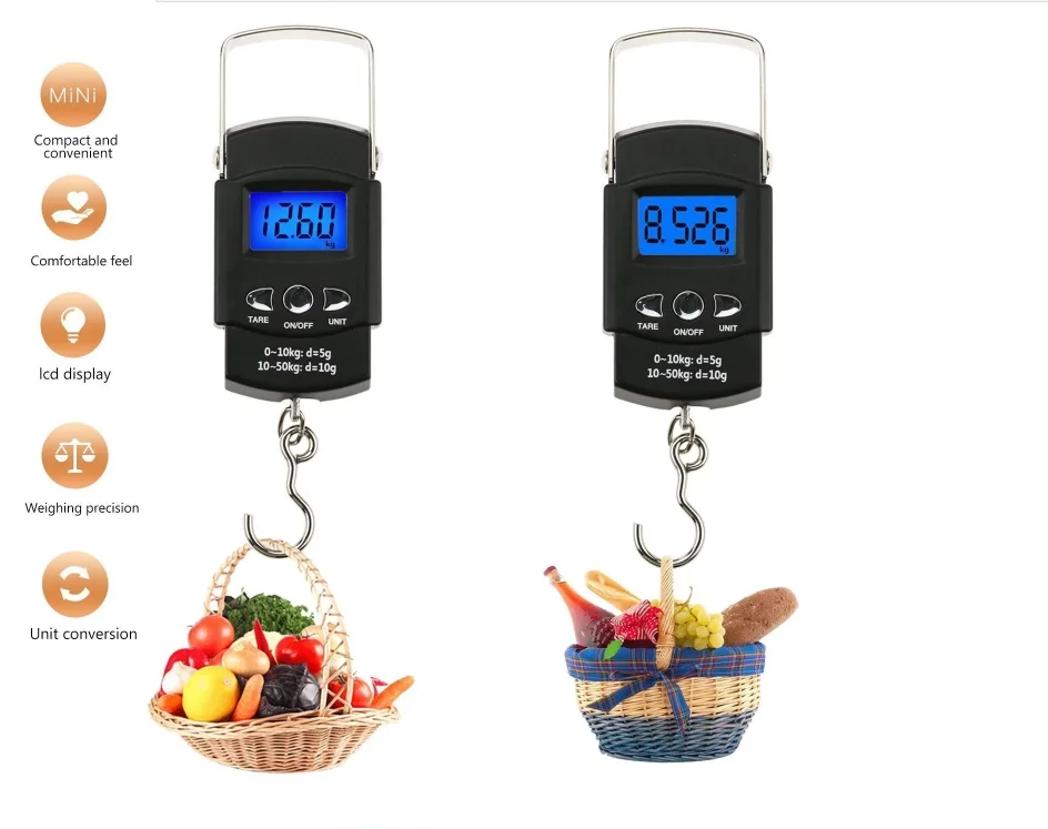 50kg/110lb Digital Electronic Luggage Scale Portable Suitcase Scale Handled Travel Bag Weighting Fish Hook Hanging Scale