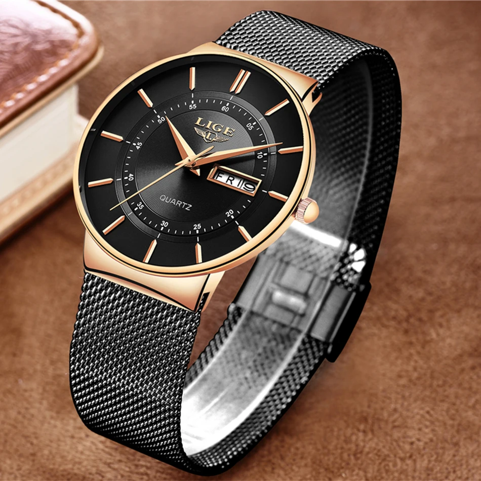 Lige 9949 Nice Mens Quartz Wrist Watches Calendar Steel Mesh Band ...