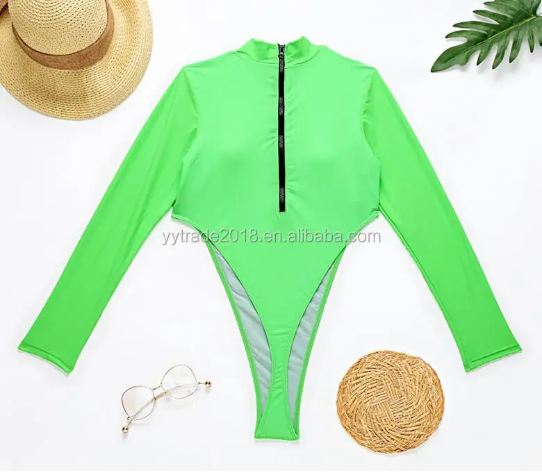 Stock 2colors Zipper Back Long Sleeve Swimwear Sexi Women High Leg One