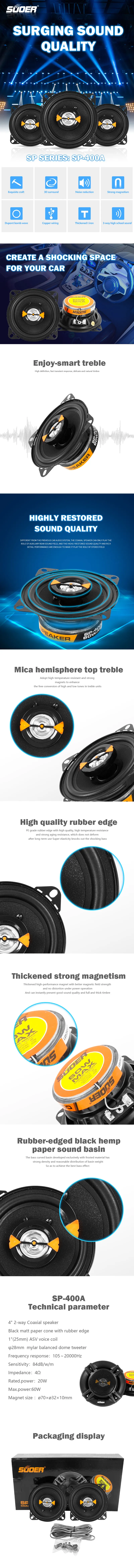 Suoer SP-400A 20w high quality rubber edge auto music speaker 4 Ohm car speaker