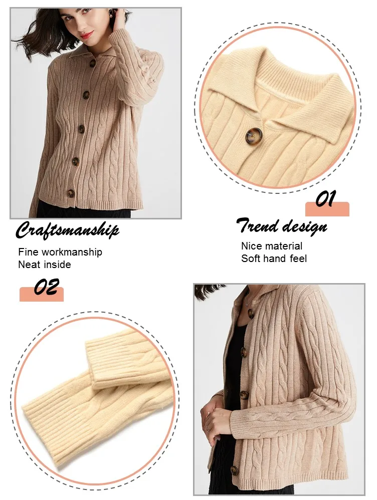 Fashionable Polo Neck Cable Knit Womens Knitted Sweater Cardigan