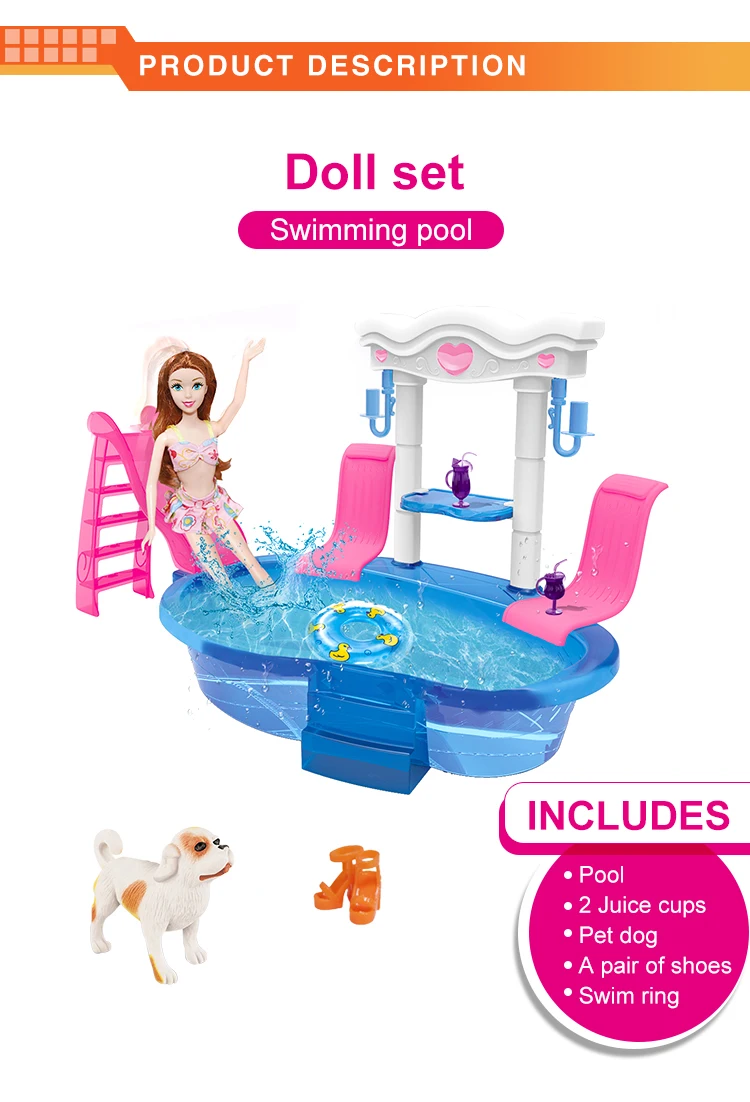 Wholesale fashion girl doll toys swimming pool theme 6 inches solid body with puppy