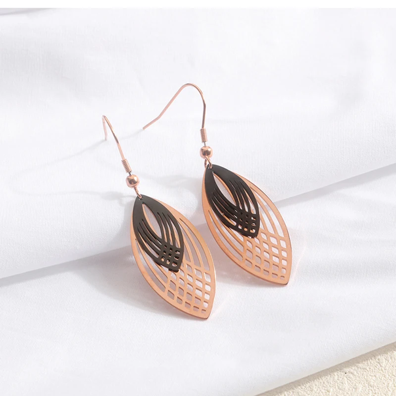 Geometric stainless steel rose gold earrings Leaf double hollow black earrings earrings female