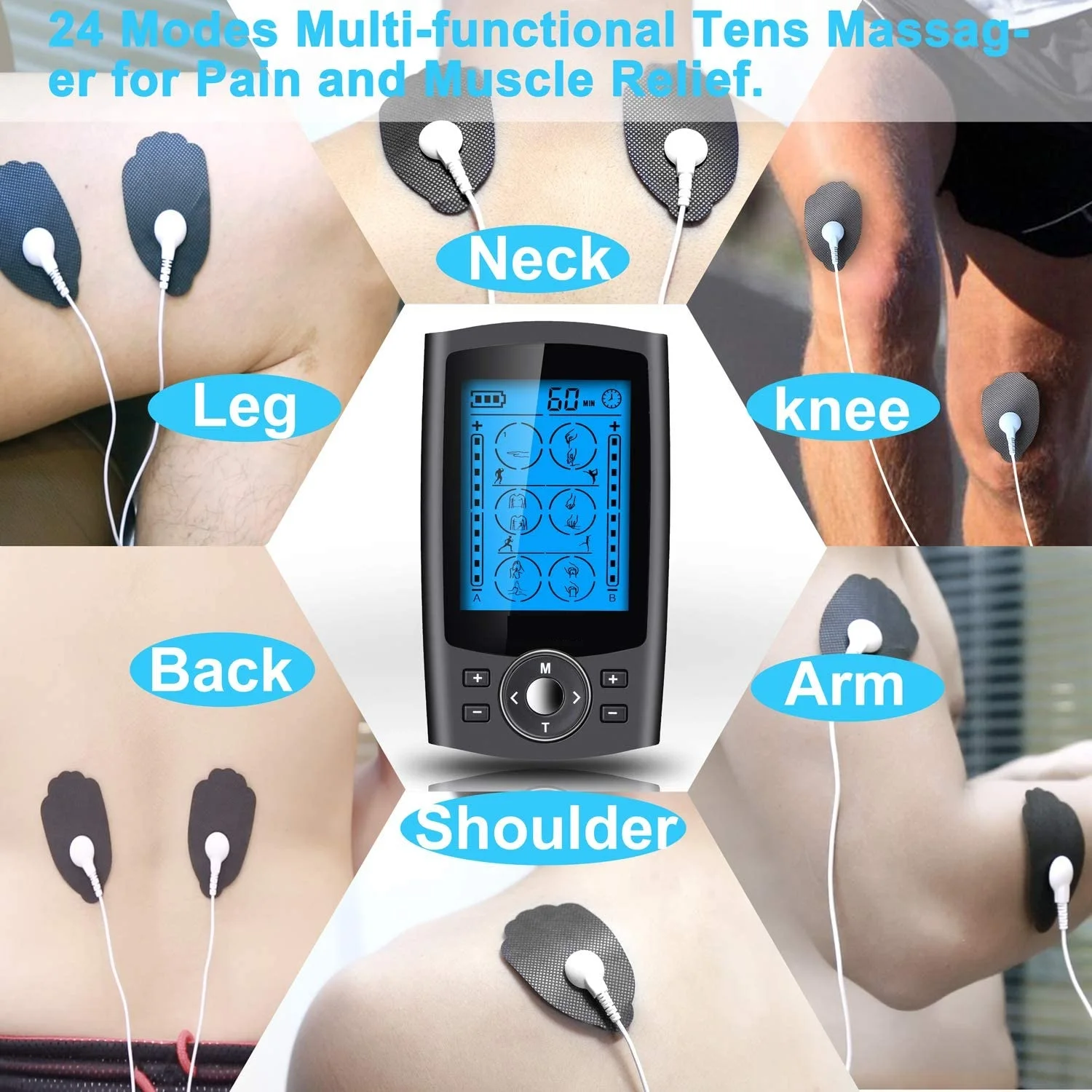 Belifu Dual Channel TENS EMS Unit 24 Modes Muscle Stimulator for Pain  Relief Therapy, Electronic Pulse Massager Muscle Massager with 10 Pads,  Dust-Proof Drawstring Storage Bag 