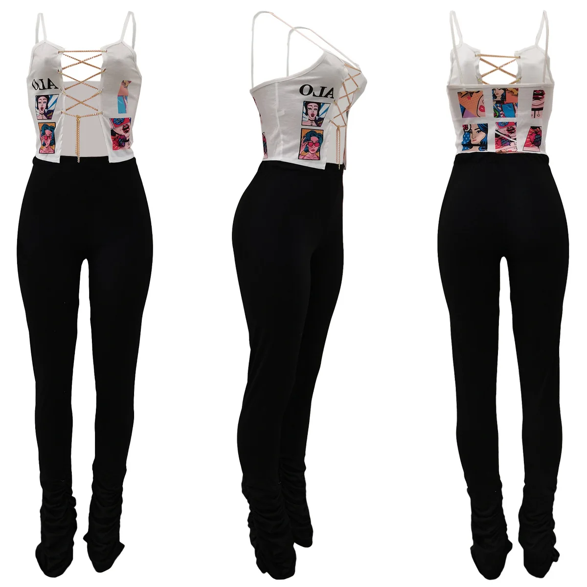 Women's Chain Bondage Lace Up Crop Tops With Stacked Pants Women's Two PIece Sets outfits women two pieces sets