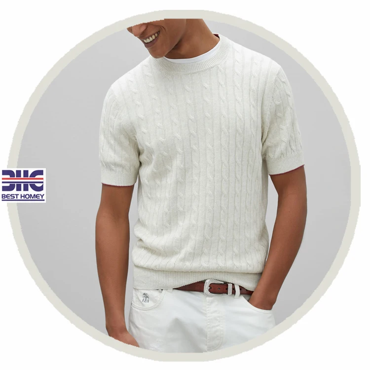 March Expo Men's High End Fine Gauge Computer Knitted Cable Cotton Short Sleeve Crew Neck White