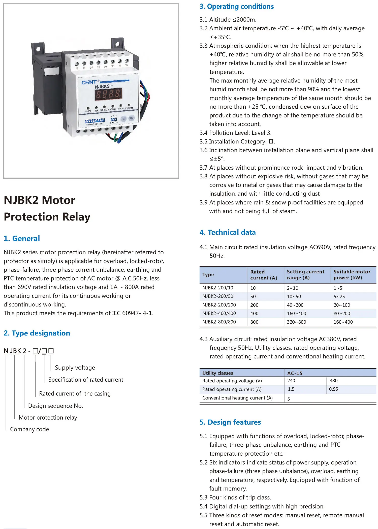 Chint original NJBK2 NJBK2-200 NJBK2-400 NJBK2-800 Overload Locked rotor Phase failure Unbalance Earthing Motor Protection Relay