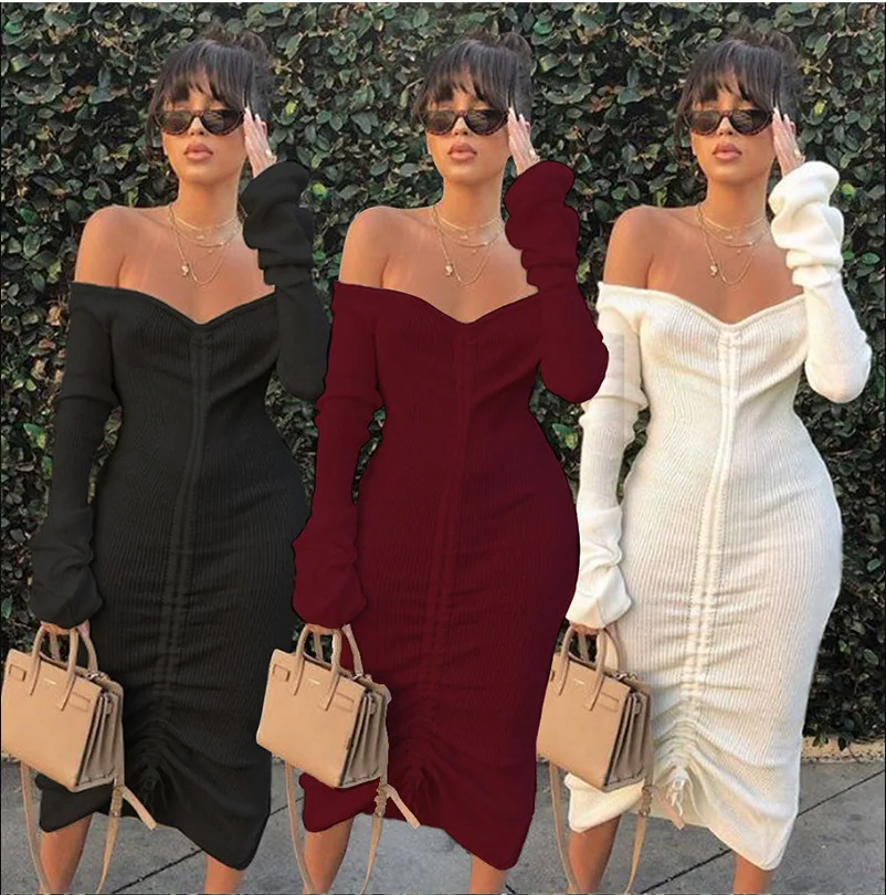 Fall And Winter Cotton Knit Sweater Dress Women Clothing Off Shoulder Long Sleeve Ruffle Design Slim Fit One Piece Dress Lady Buy Sweater Dress Women Clothing Off Shoulder Long Sleeve Sweater Dress