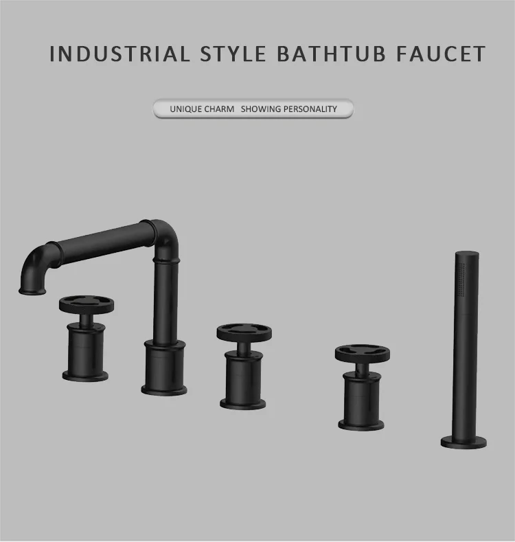 5 Pcs Side Matte Black Deck Mounted Hole Designer Tub Tap Bathtub Bath Sink Faucet