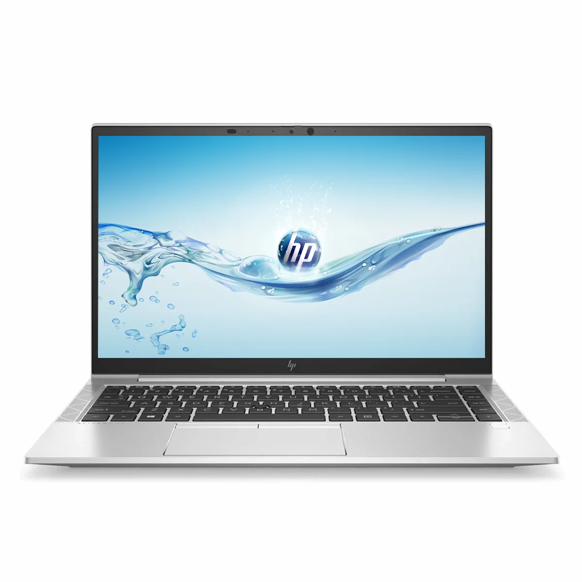 HP EliteBook 830 G7 front view showing slim bezels, keyboard, and trackpad