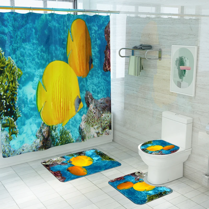 New Shower Curtain Lid Toilet Cover Bath Mat Rug with Hooks Bathroom Accessory Sets Home Decoration