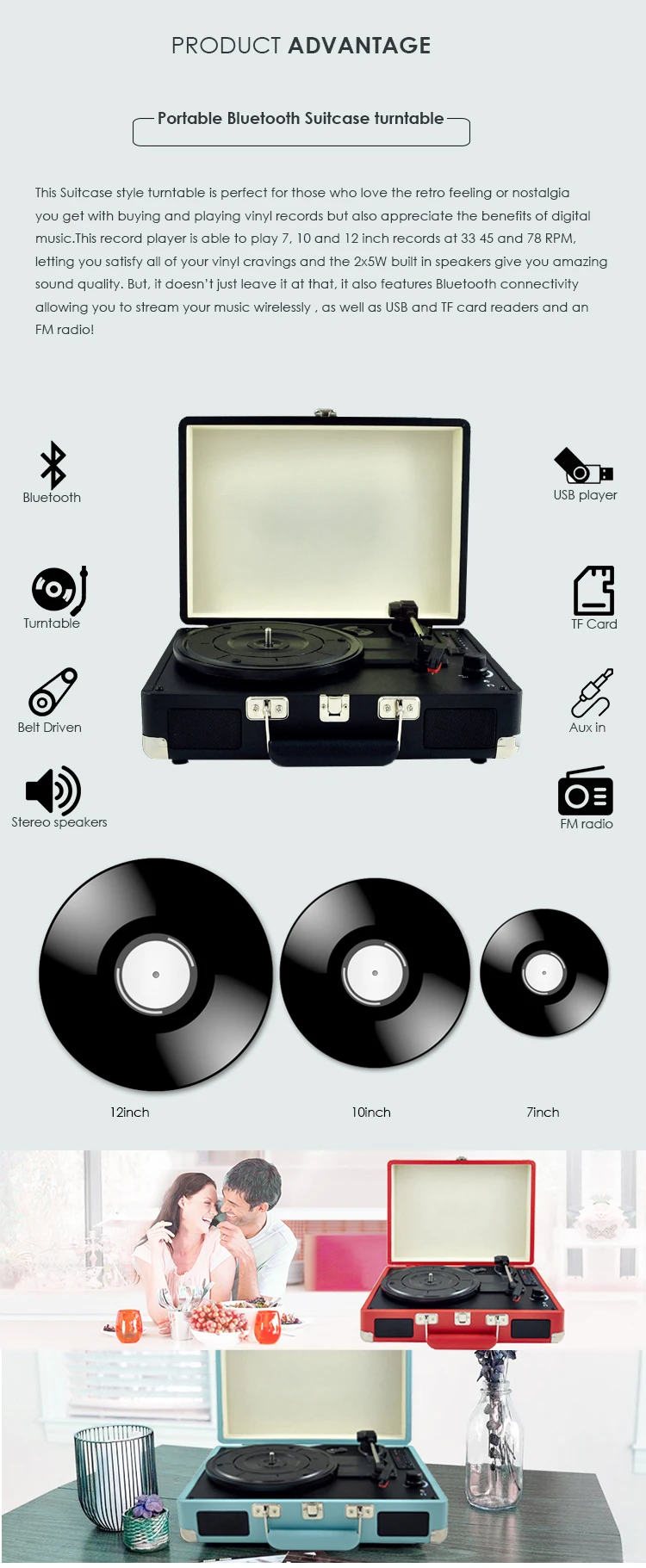 Hot selling bluetooth turntable wireless system outdoor funny dj turntable - ANKUX.COM