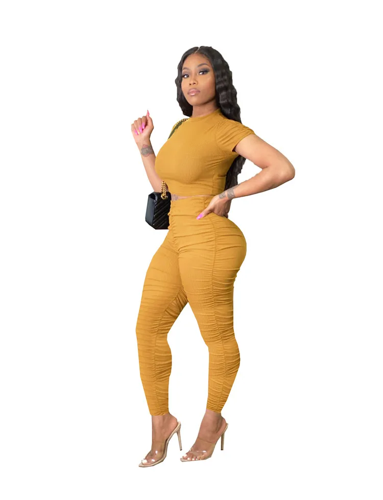 Popular Ladies 2 PCS Outfits Crop Tops Stacked Pants Clothing Bodycon Sports Fitness Women Two Piece Set