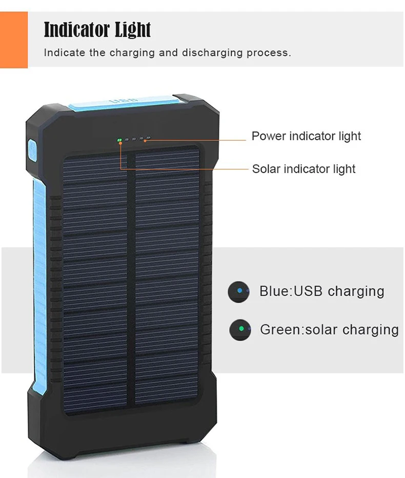 Dual USB Power Bank 20000mAh Waterproof Battery Charger External Portable Solar Panel Solar Power Bank with LED Light