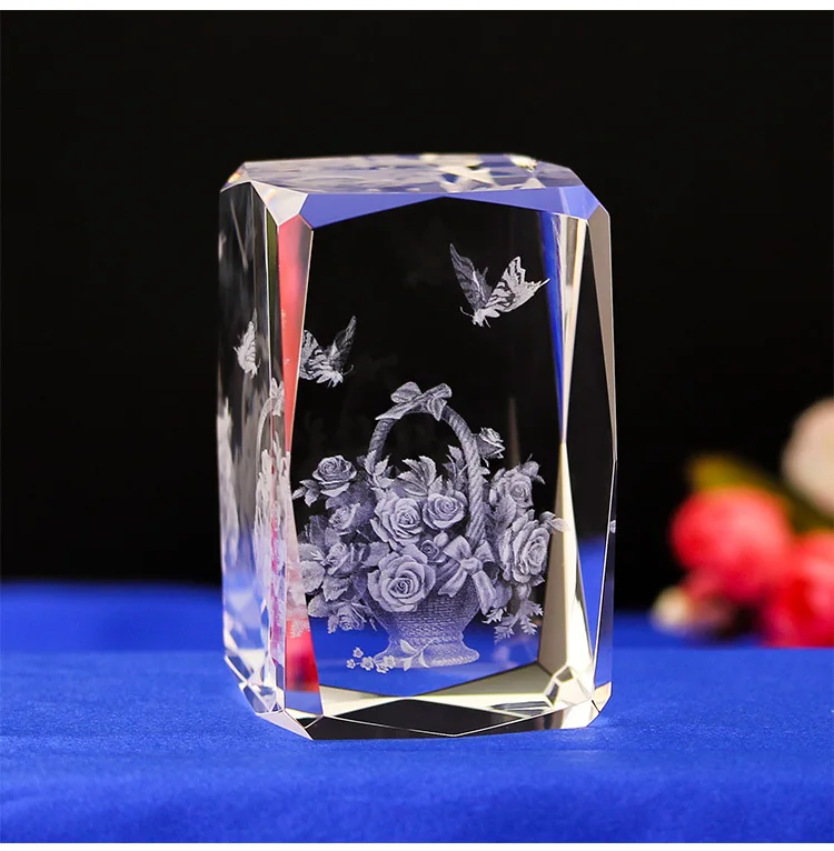 3D Laser Engraved Crystal Flower Love Gift Polished Office Decoration Paperweight for Valentine's Day Souvenir Mascot Model factory