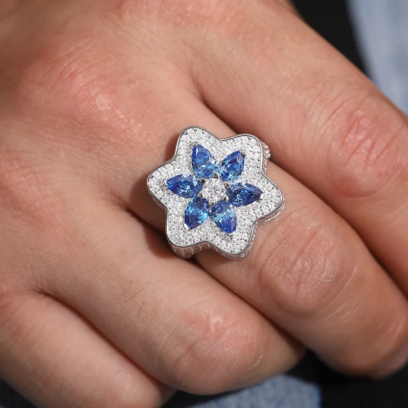 S925 Silver Moissanite Ring for Men Flower Shape with Super Flash Diamond Hip-Hop Style All-Match Natural Diamond Ring