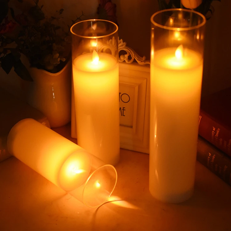 Set Of 3 Ivory Glass Battery Operated Flameless Led Wax Pillar Candle