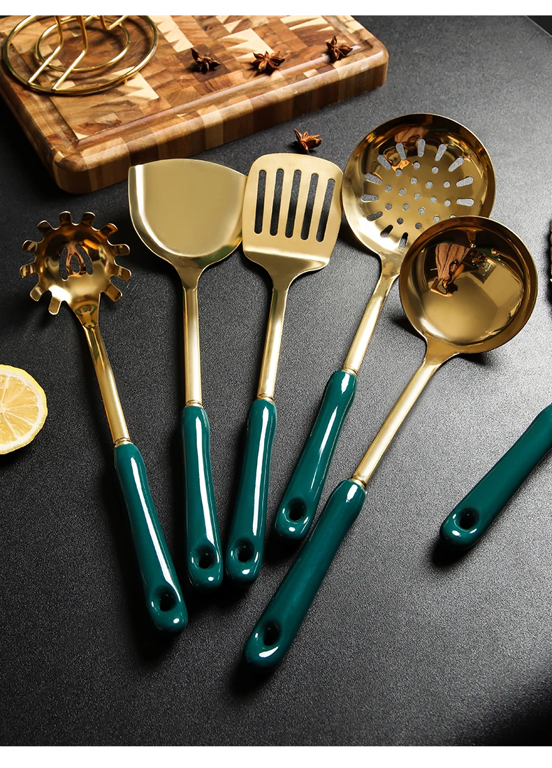 luxury dark green gold cooking tools