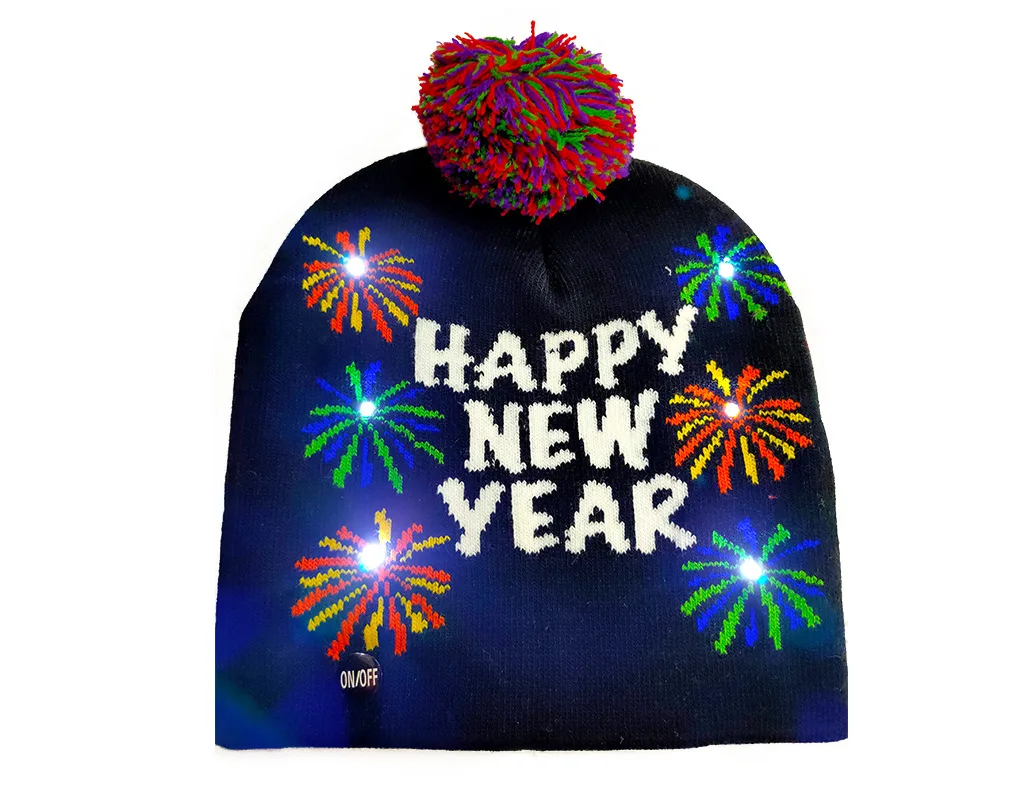 2020 ready to ship Festival happy new year Party Winter warm Pom pom knitted beanie hat with led light