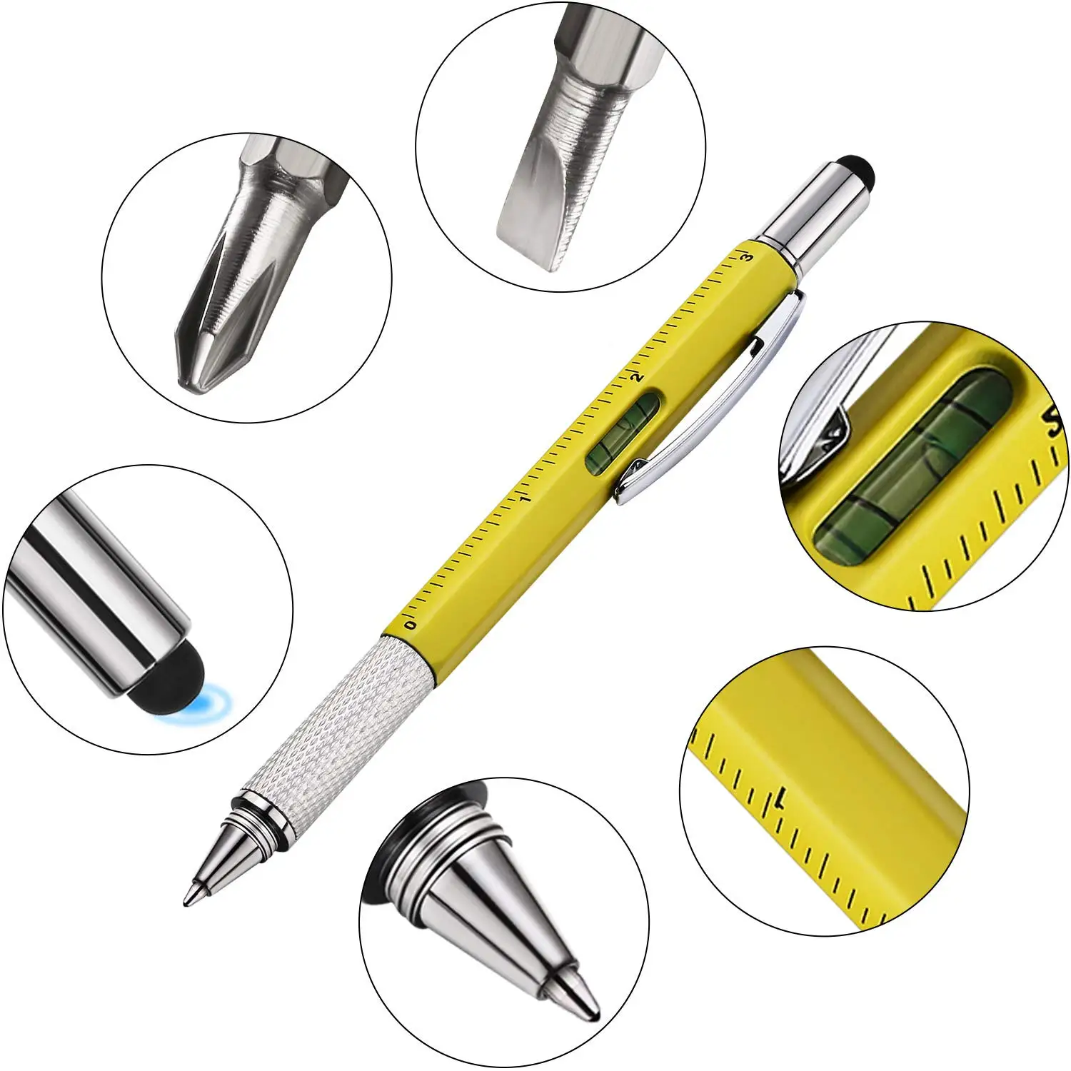 6 In 1 Multifunction Tool Metal Ball Pen Screwdriver Ruler Level Touch