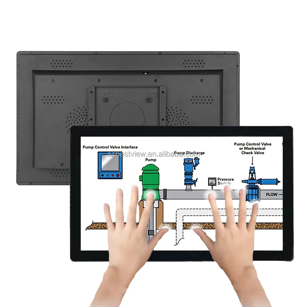 20-inch monitor mounted vertically on dual-arm stand next to laptop