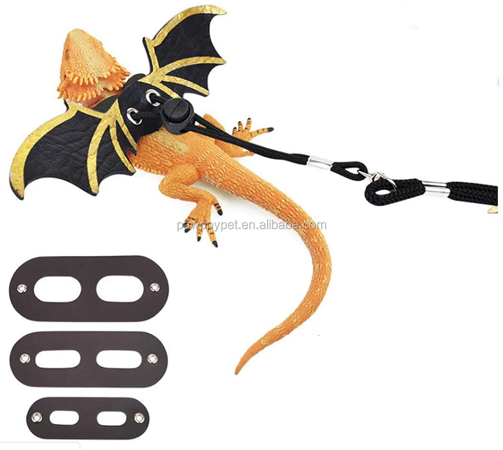 CHICKUSTORE Bearded Dragon Harness and Leash Adjustable Soft Leather Reptile Lizard Leash with Cool Wings for Amphibians and Other Small Pet Animals S, M, L, 3 Pack