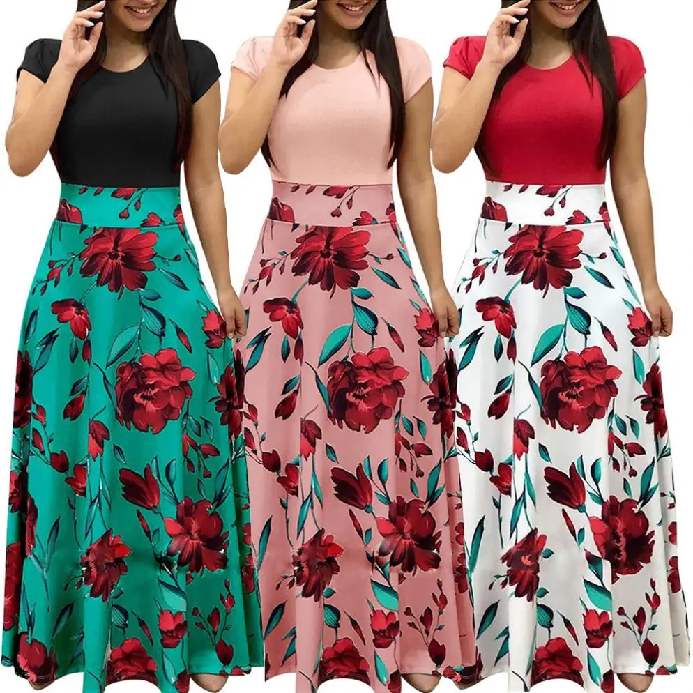 

2021 Dot Patchwork Elegant Party Floral Maxi Dress Ladies Summer Casual Dress Fashion Women Dress, As pictures, 7 colors