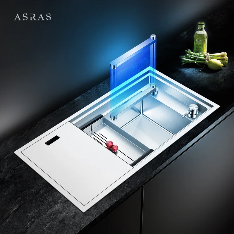 Asras SUS304 handmade kitchen sink brushed with drainer telescopic kitchen faucet hidden sink manufacturer 8243E