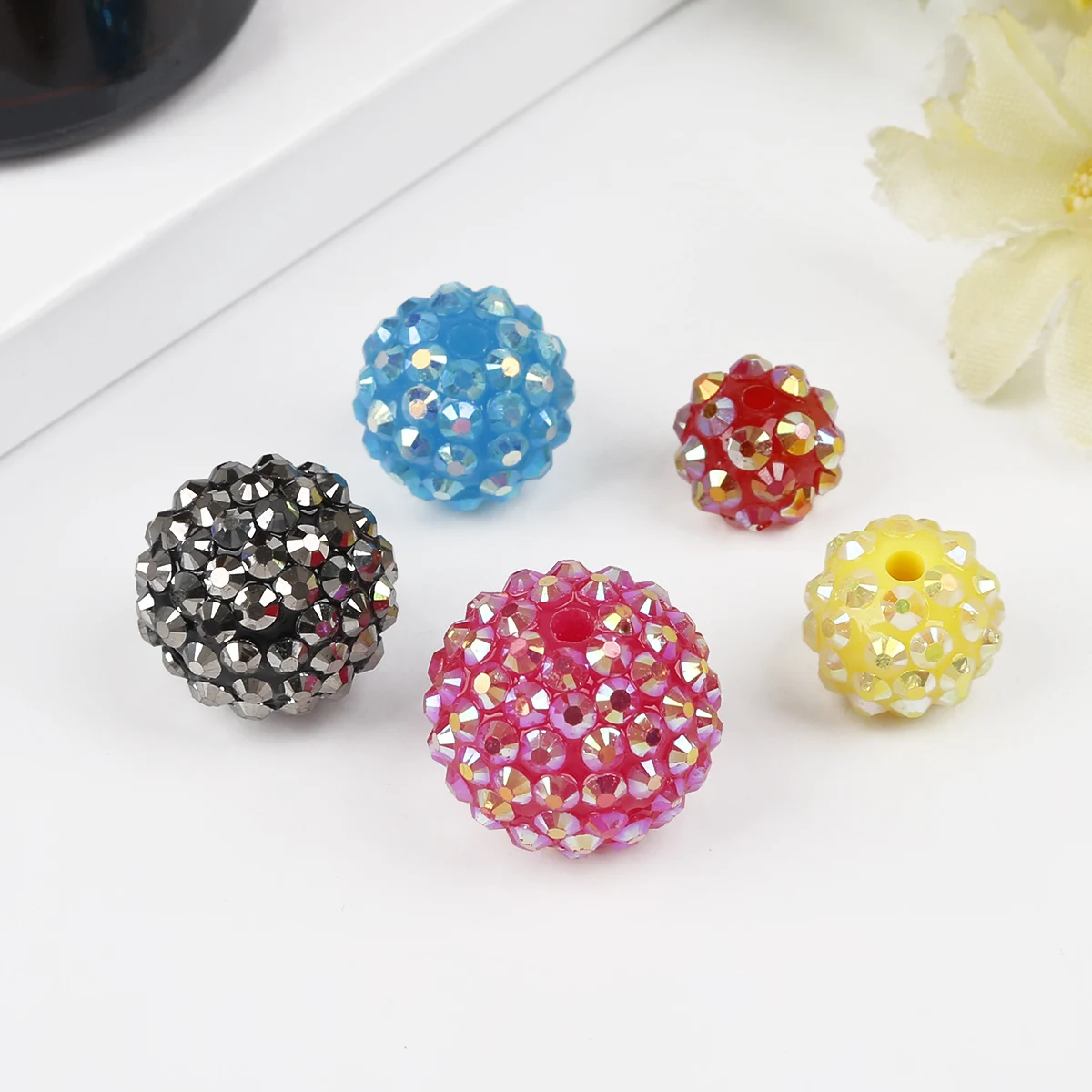 10Pcs Mixed Colours Resin Rhinestones Round Ball Charms Spacer Beads 12MM 14MM 