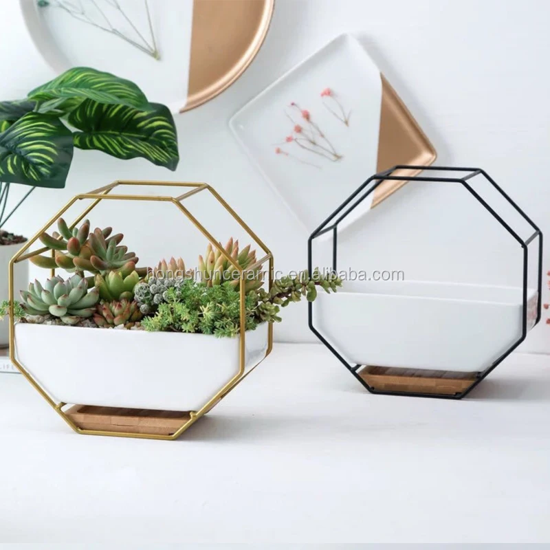 Nordic Ceramic Flowerpots Geometric Succulent Cactus Metal Wall Planter Holder Hanging Flower Pots Stand Cachepot Orchid Bamboo