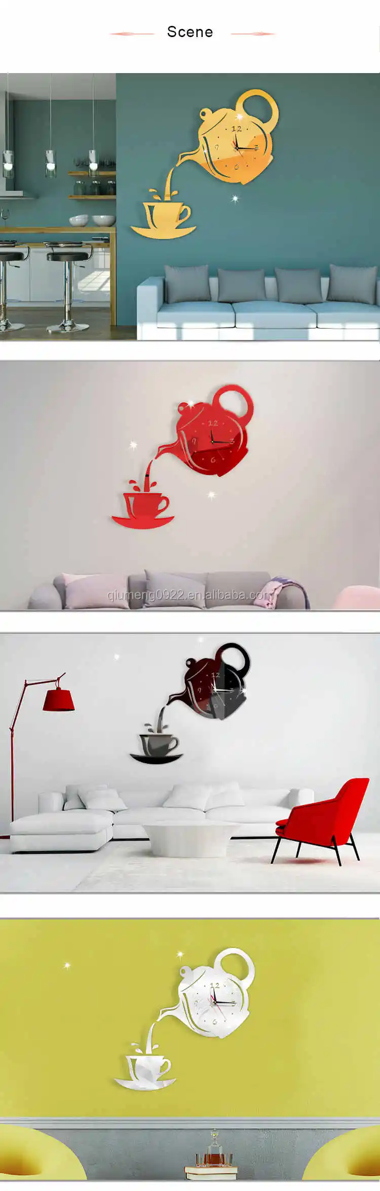 À faire soi-même Tasse à Café Théière 3D Horloge Murale Déco Maison Cuisine Décor Sticker Clocks 