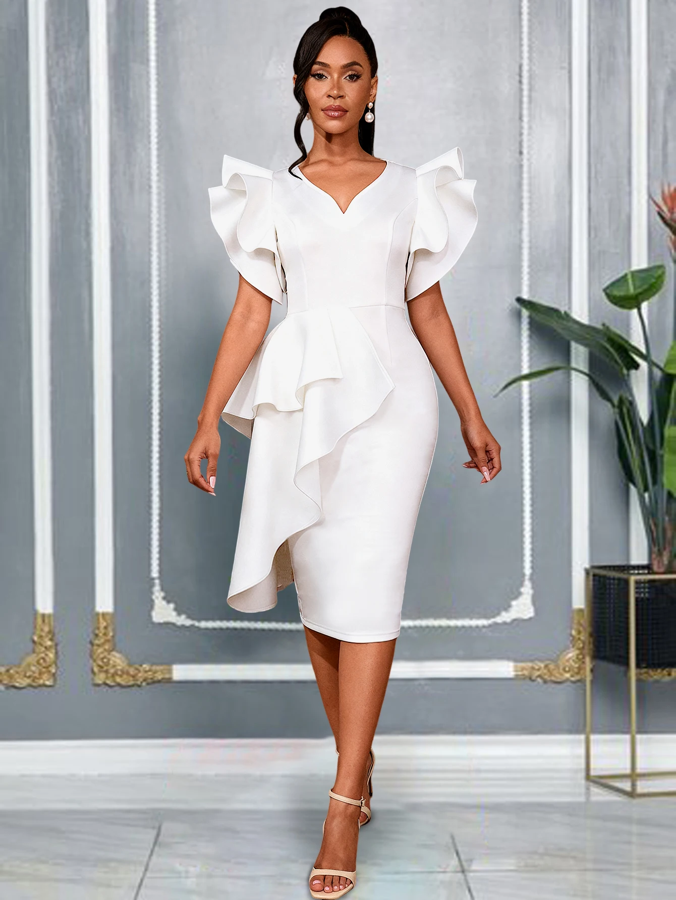short butterfly sleeve dress ADR051043 Spring Sweetheart Neck Short Butterfly Sleeve Dress White Ruffle  Bodycon Career Dresses Midi Length