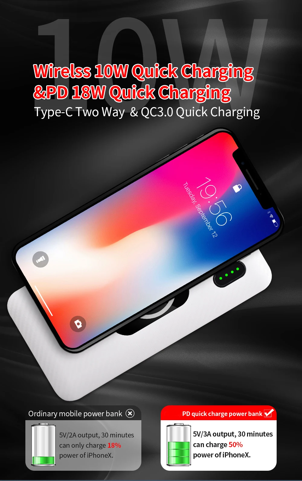 -Tipo C em dois sentidos 18 PD W carga r&aacute;pida de carregamento r&aacute;pido banco de energia sem fio - ANKUX.COM