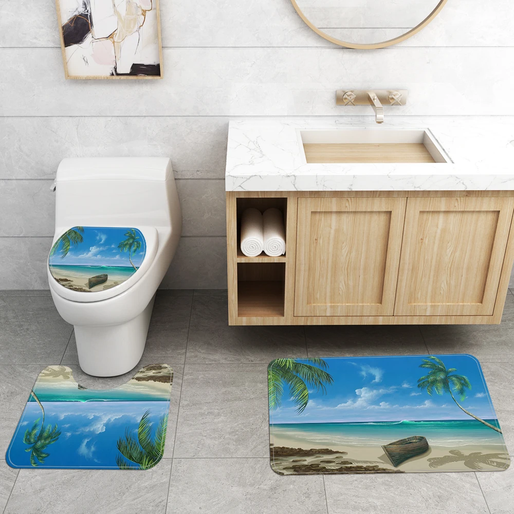 Sea Anti Slip Bathroom Rug 4 Piece Set Custom print Shower curtain