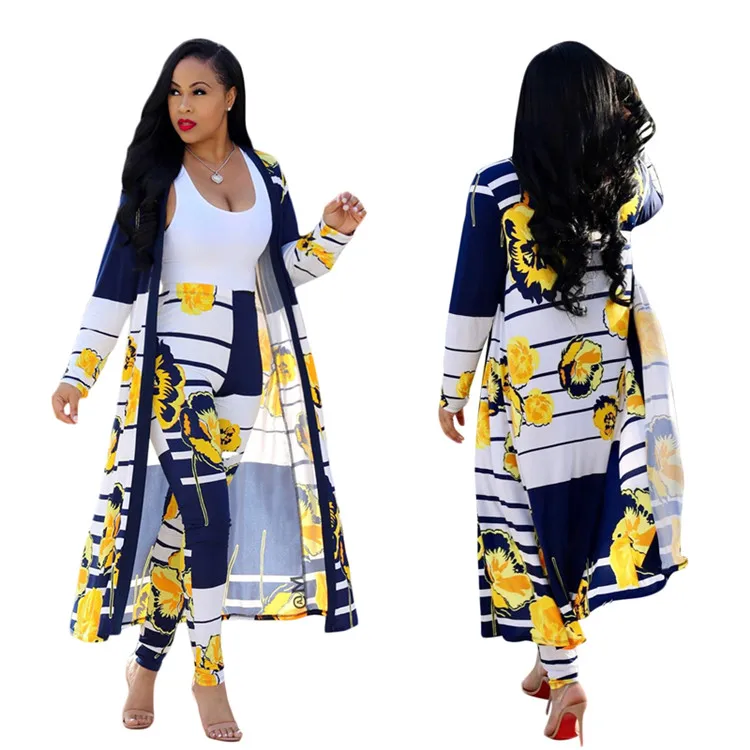 SACM202 print trendy long coat and pencil pants women casual suit ladies 2 piece set
