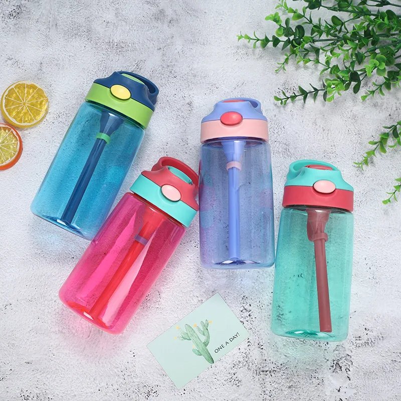 Children Plastic Water Cup With Straw Dropresistant Singlelayer Portable Tritan Water Bottle