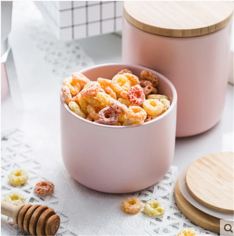 Bulk matte pink seal porcelain candy cookie storage jar with bamboo lid