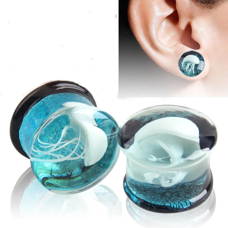 Details about   Pair luminous Jellyfish glass Double Flare ear Plugs expanders grow in dark punk 