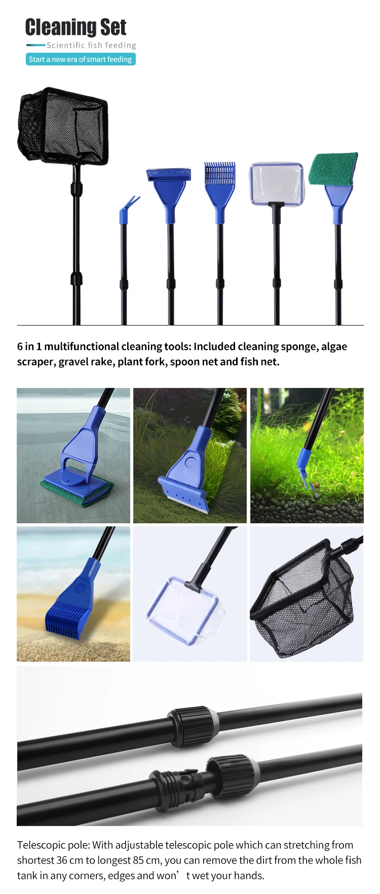 Multifunctional 6 In 1 Adjustable Fish Tank Glass Cleaner Kit Long