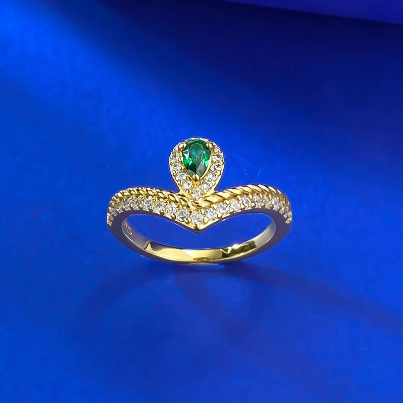 Fresh S925 Silver Simulated Emerald 5*3mm Pear Shaped Inlay Ring with Lab Diamond Gemstone