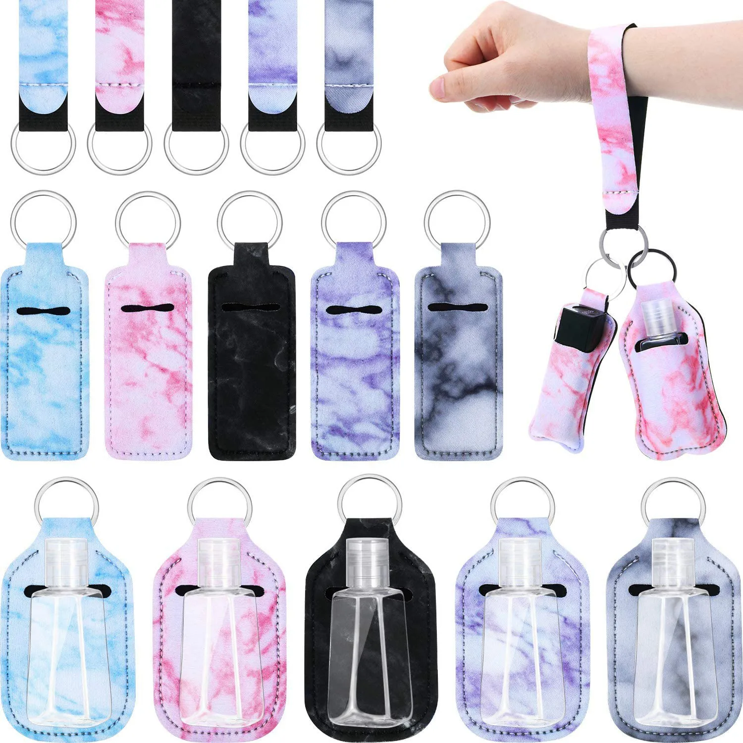 Travel Bottle Keychain Holders Set Chapstick Wristlet Lanyards Marble