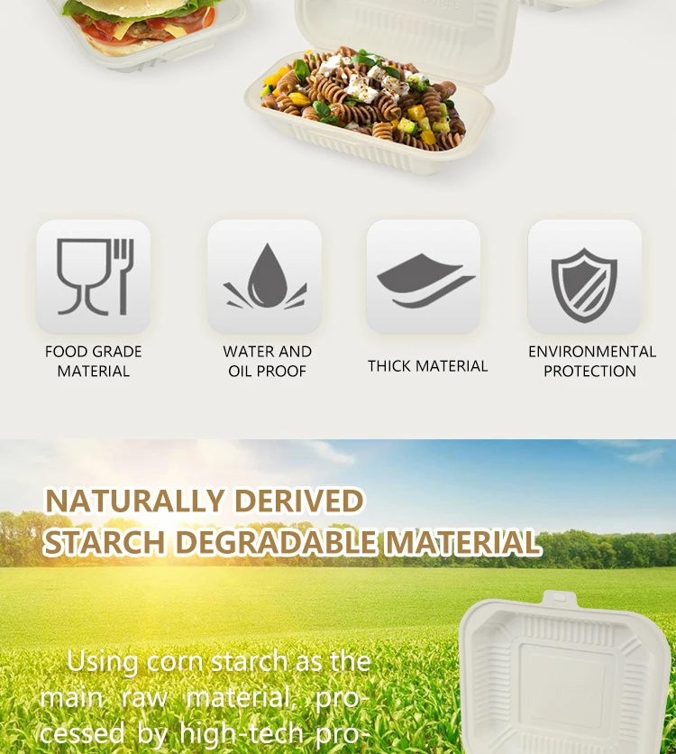 Microwave disposable lunch box corn strach fast food clamshell box 3 compartments fully biodegradable food container