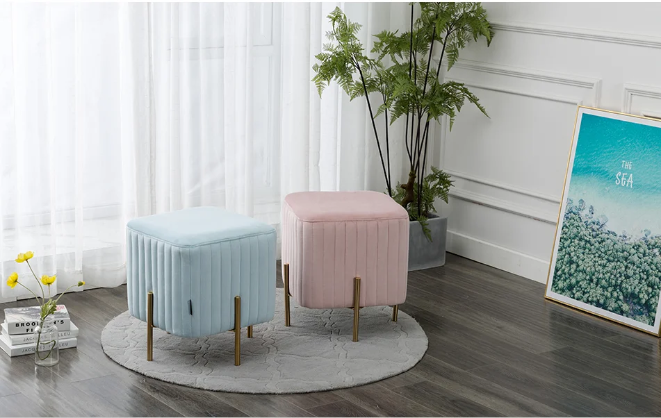 Upholstered Velvet Square Ottoman With Gold Legs Metal Base For Foot