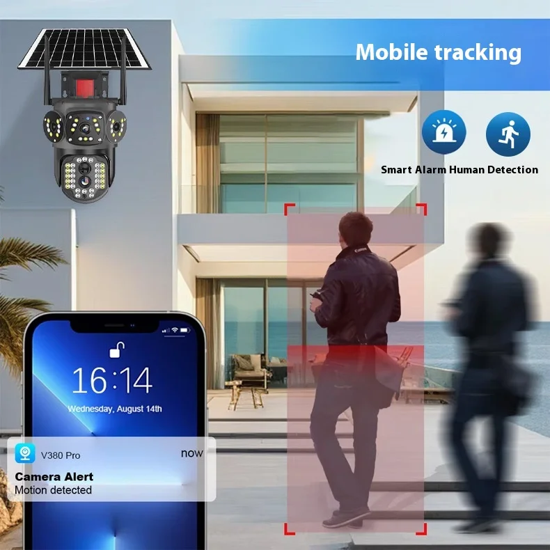 V380Pro Solar Outdoor Waterproof Multi-lens HD Camera 4MP PTZ Smart Camera Human Detection Sound Light Alarm Multi User Monitor