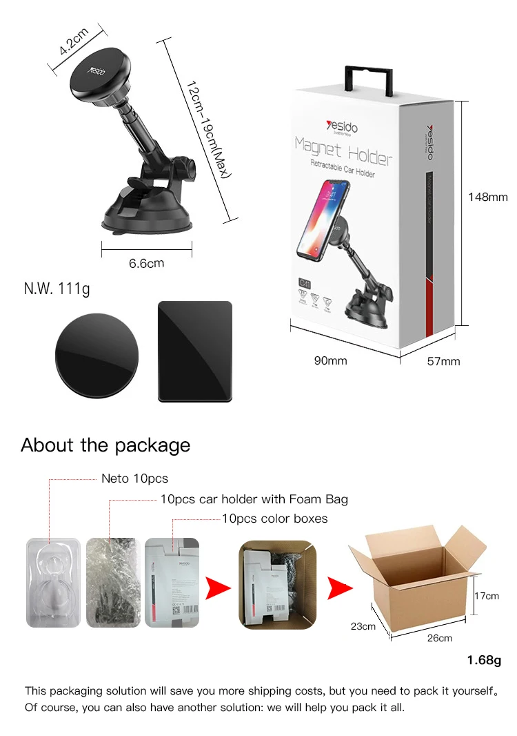 Length Adjustable Telescopic auto tablet mount Windshield 6Pcs Magnet Magnetic Mobile Phone Holder For Car