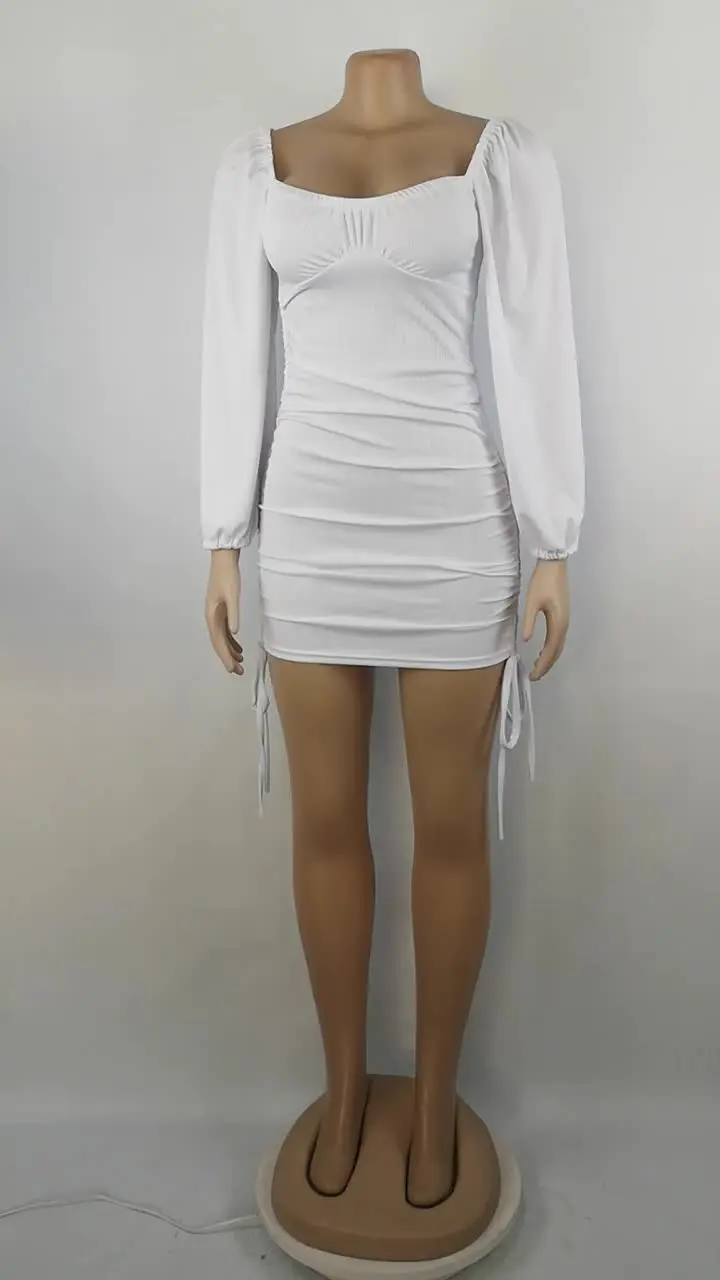 Women's Casual Bodycon Mini Dress Sexy Slim Square Neck Ribbed Long-Sleeved  Drawstring Pleated Night Club Outfit Chiffon Natural